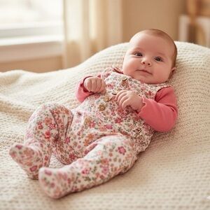 Romper floral size 0/3 months Daisy Fuentes 2 piece long sleeve shirt rose pink*